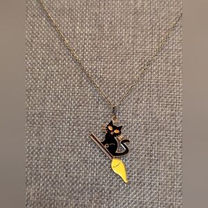 Black Cat On A Broom Pendant On A Antique Gold Chain